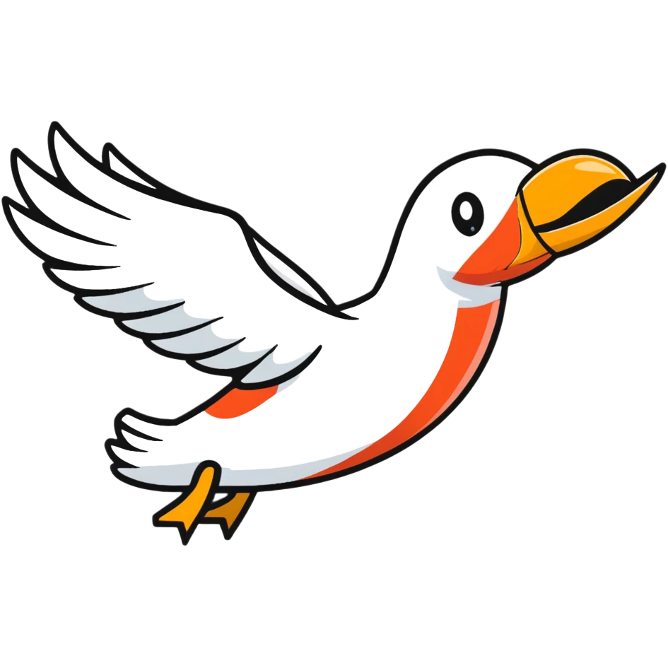 A cute airplane with a goose head and neck, flying with aircraft wings emoji