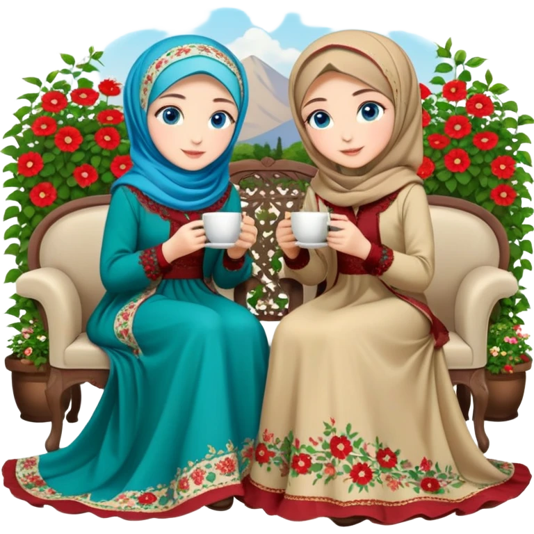 Turkish beautiful finish Konya girls blue eyes with Beautiful beige red green floral hijab long tail dress and this two friends sit in a lovely garden on the chair on the ground and holds cup coffe with her hand  emoji