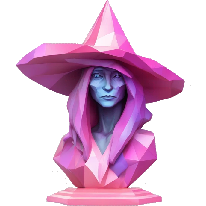 standalone sculpture Mage Witch Hat is geometric, faceted design. The sculpture is standing upright on a base with angular and Alphonse Mucha style. The vibrant midtone tints of pastels and pink highlights the sharp edges and planes.  emoji