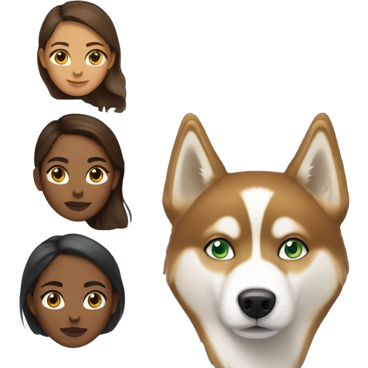 Brown woman with blue eyes with a golden Husky with green eyes emoji