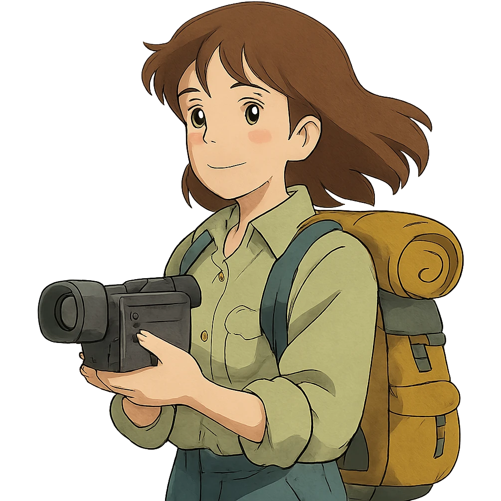 ghibli style hiking woman with brown hair holding a video camera outdoors emoji