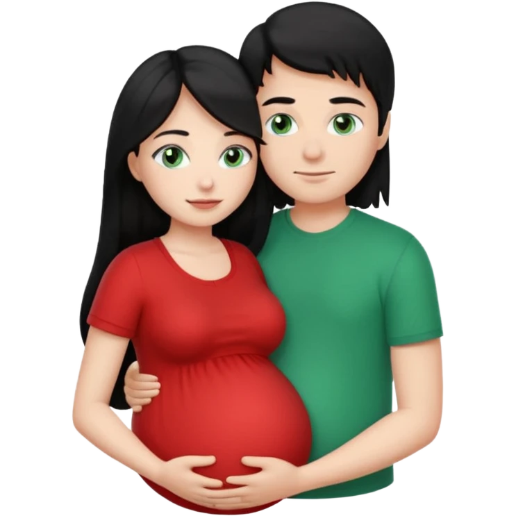 Make a couple emoji they are 18. The girl has long black hair and blue eyes and is hugging a pregnant boy with light brown hair and green eyes they are both wearing red top. They are both white  emoji