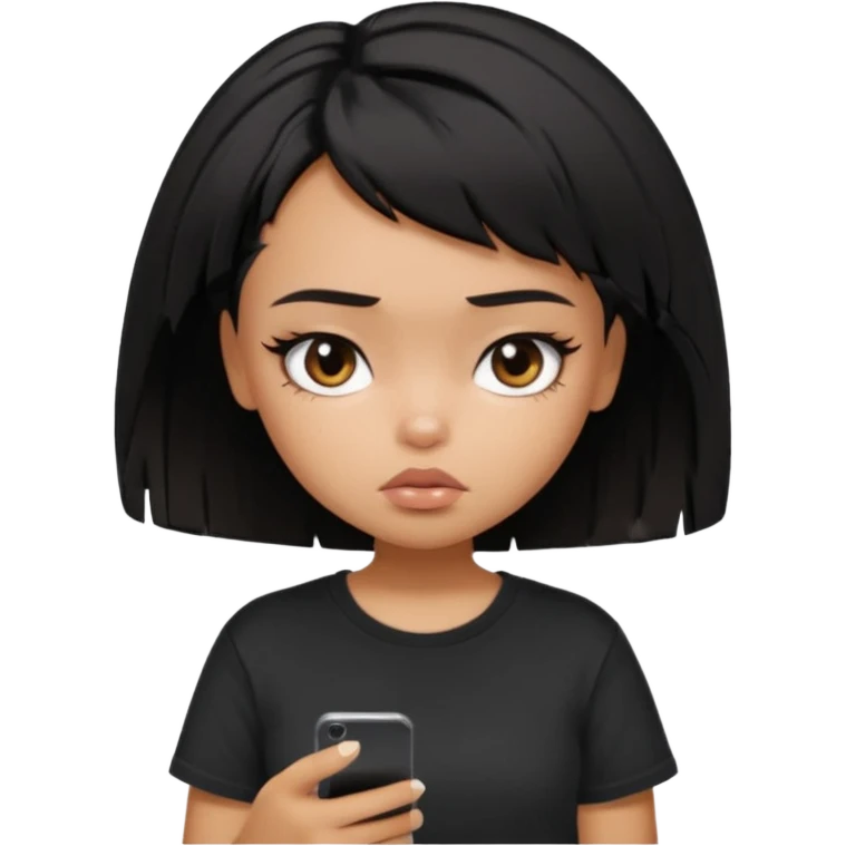 generate a pretty bratz girl with short black very messy hair, looking tired and using her phone, wearing an oversized black tshirt emoji