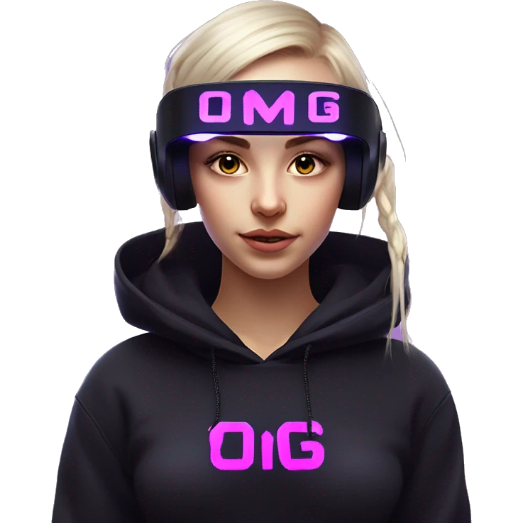 Russian girl wearing black hoody with violet letters "OMG", in vr headset. Cyberpunk style. Violet neon. emoji