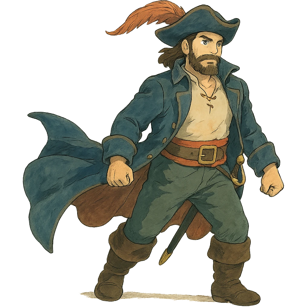 ghibli style pirate with flowing coat and feathered hat emoji