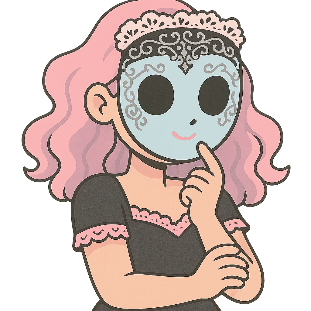 pastel goth mask, pastel pink and black lace, silver filigree, cute and mysterious emoji