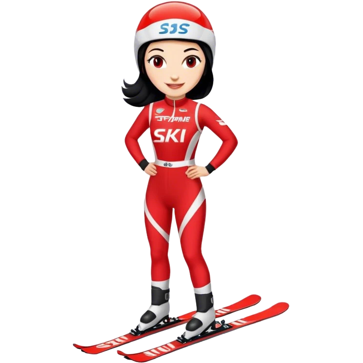 Ski racer woman red white dress with the name STEPHANIE on the dress black hair smile emoji