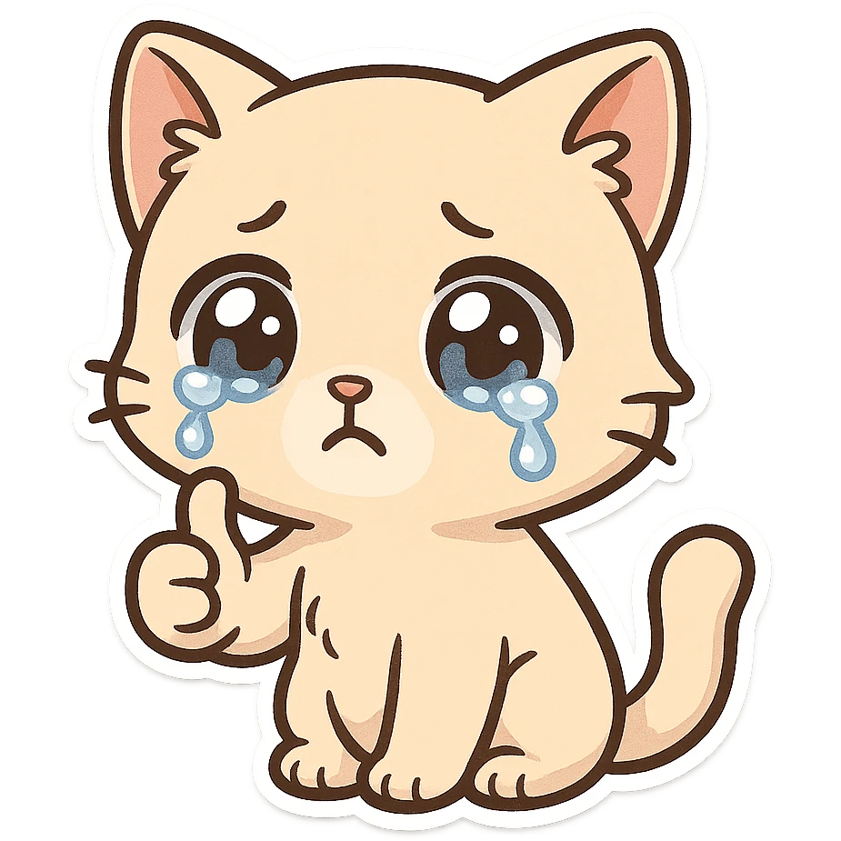 A kitten with tearful eyes, giving a thumbs up emoji