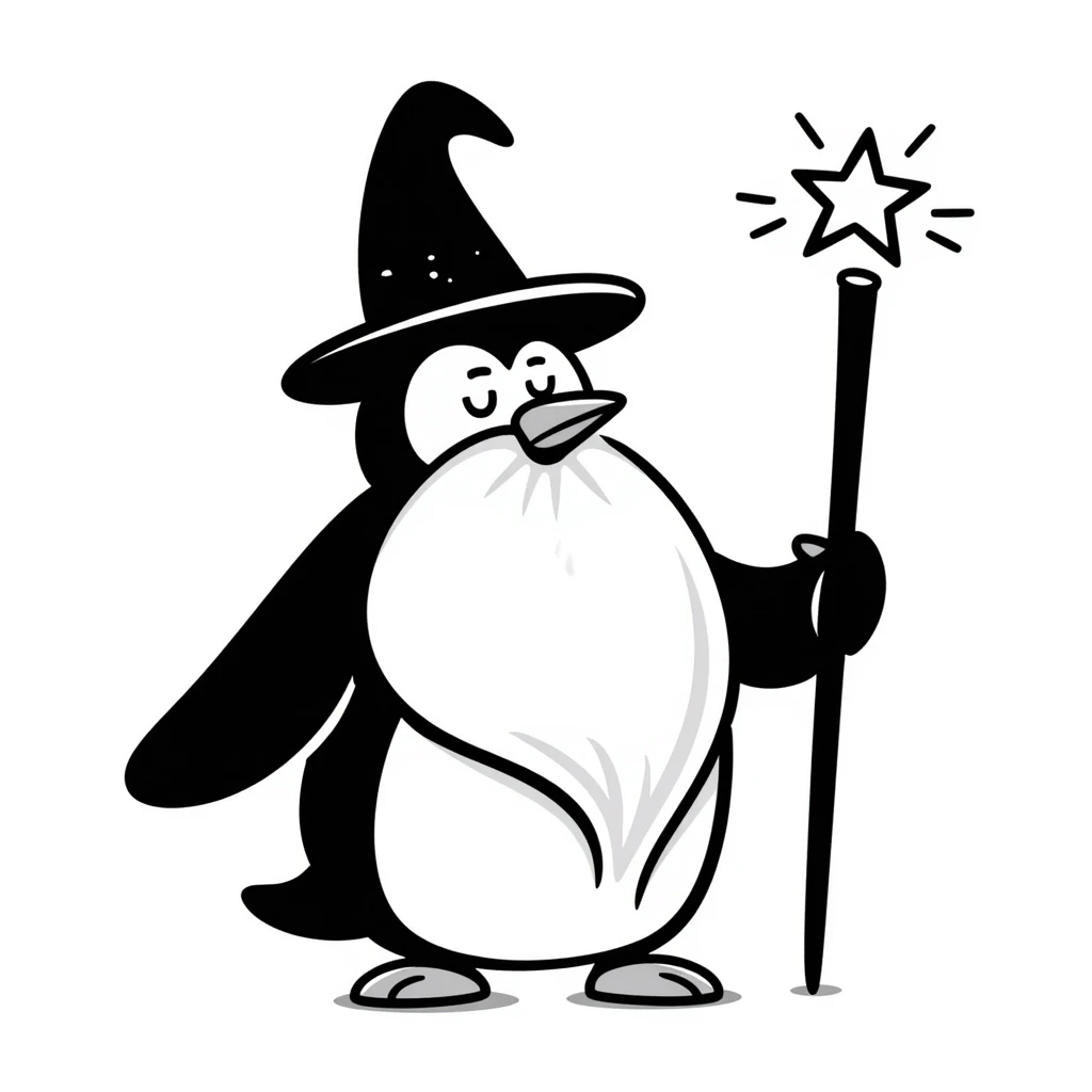A penguin wizard with a long white beard, tall wizard hat, and magic staff emoji