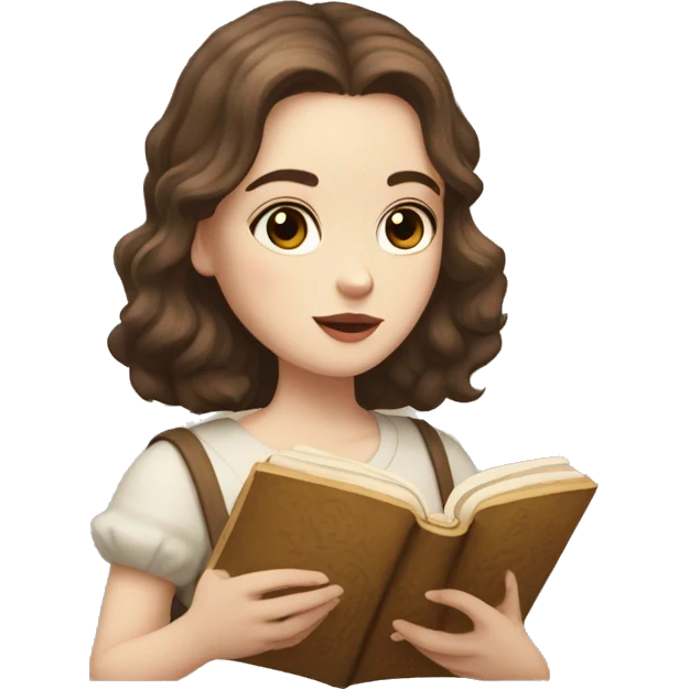 pale girl with short brown wavy hair and darkened eyes, she is serious and reading an ancient book with a loaf of bread emoji