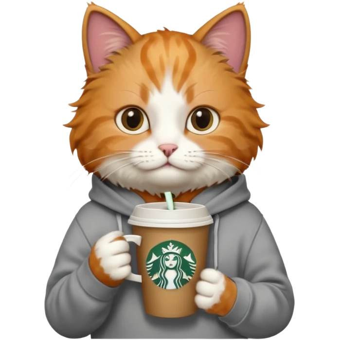 Cat wearing a hoodie and has a Starbucks emoji
