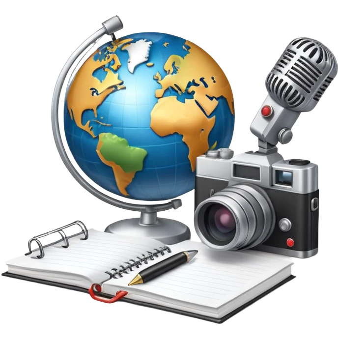 An icon showing a microphone, a notepad, and a camera, symbolizing journalism. The design includes a globe in the background, representing global news, and a breaking news banner for emphasis. Transparent background highlights the dynamic world of media and reporting. emoji