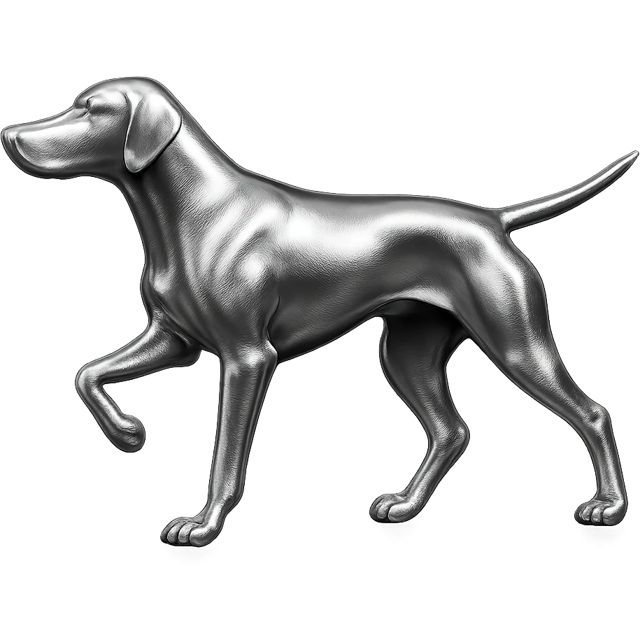               Apply a high-end, photorealistic metallic chrome material to the provided {subject}. The material should have a smooth, slightly curved surface with subtle reflections and soft shadows, resembling brushed or polished silver metal. Preserve the exact shape, proportions, and design of the original object. Set it against a solid black background (#000000) in 8K resolution. The lighting should enhance the beveled edges and reflective highlights, creating a sleek, premium finish. {subject} = dog pointing left emoji
