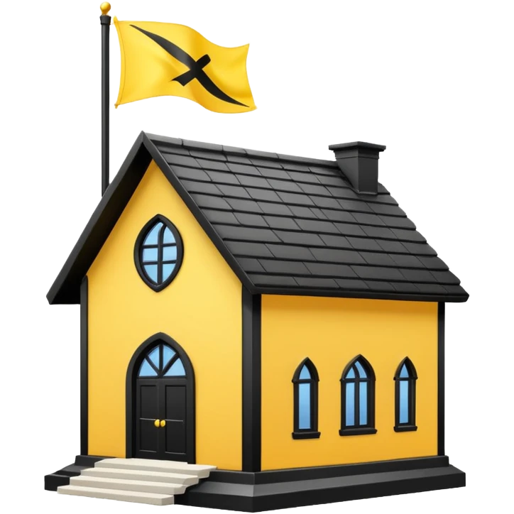 white background, magic school, black roof, with a big flag, big flag on a roof, big yellow flag, white school emoji