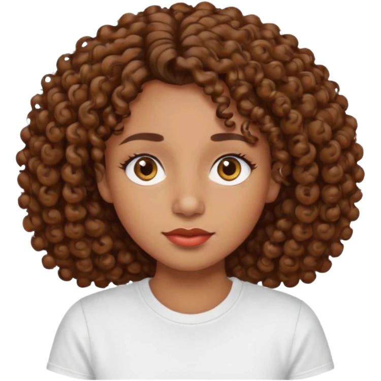 
professional, curly brown lady with hazel eyes, a little dot on the top of the left lip, a normal t shirst emoji