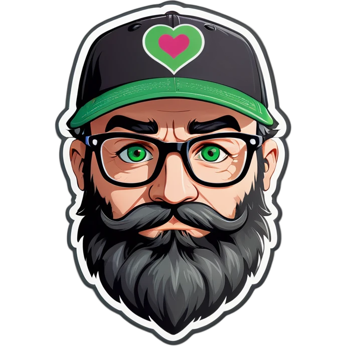 A bold man with a grey baseball cap, green eyes, big beard and glasses with hearts in his eyes emoji