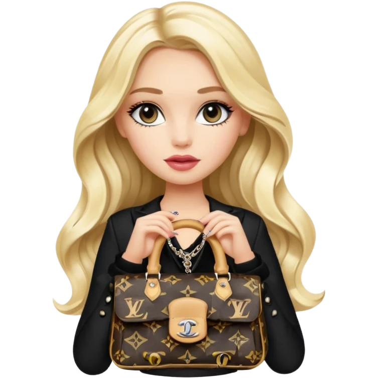 fashionable blonde girl with long wavy hair, Bratz Chloe inspired, in Chanel logo black and white two-piece, with a Louis Vuitton handbag, emoji style emoji