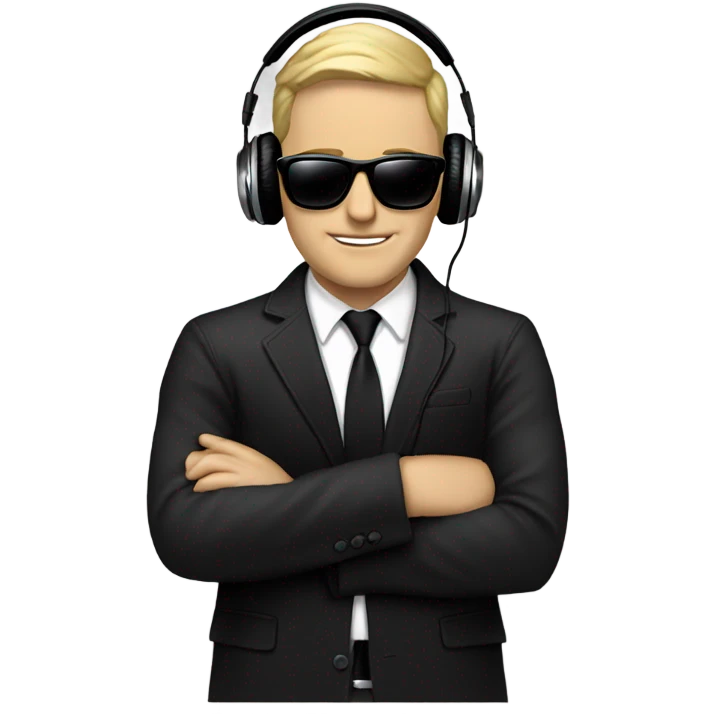 White Man with sunglasses DJ black jacket skinny tie headphones scratching records emoji