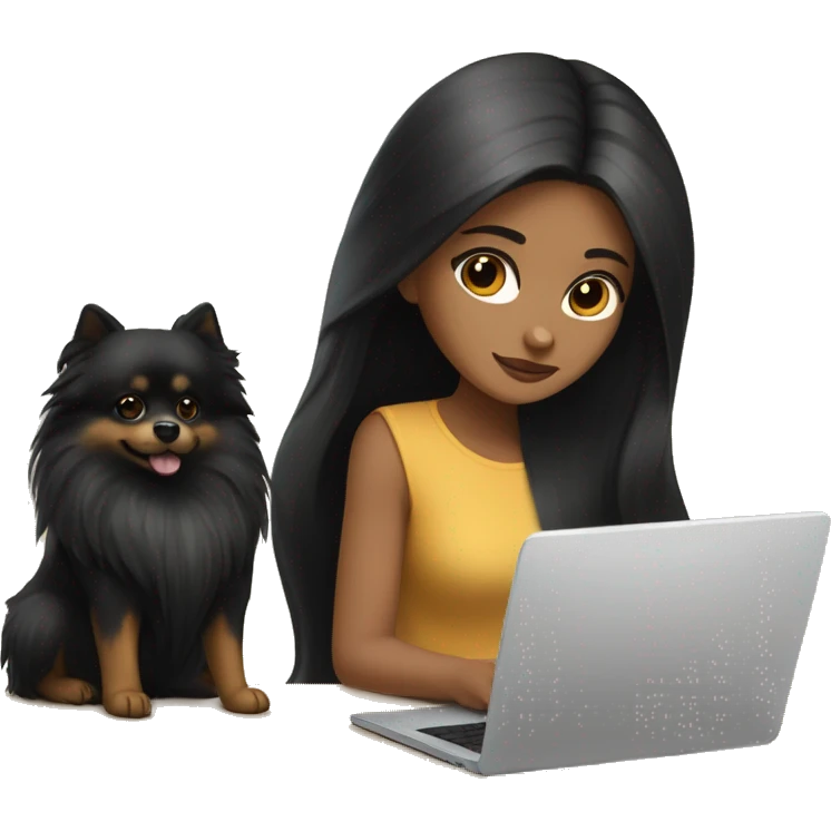 girl with long black hair, white skin, brown eyes, working on laptop, while her black-and-tan pomeranian is next to her emoji