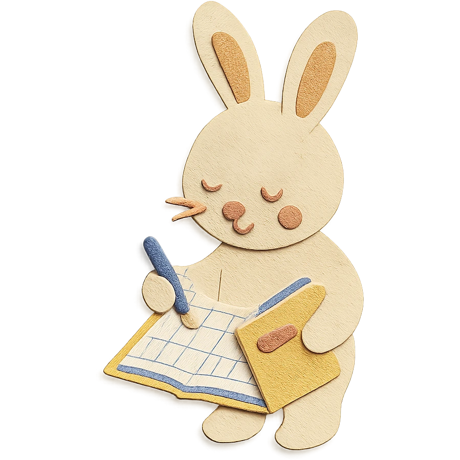 highly detailed, high quality paper craft style illustration of a cream-colored bunny standing and writing in a planner, intricate textures, soft lighting, delicate cut-paper details emoji