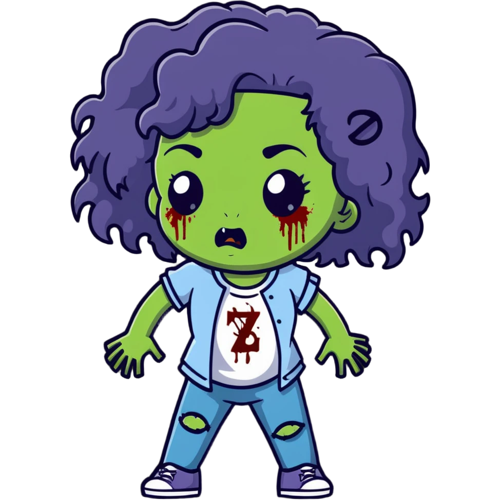 girl zombie with black long curly hair, emo style emoji