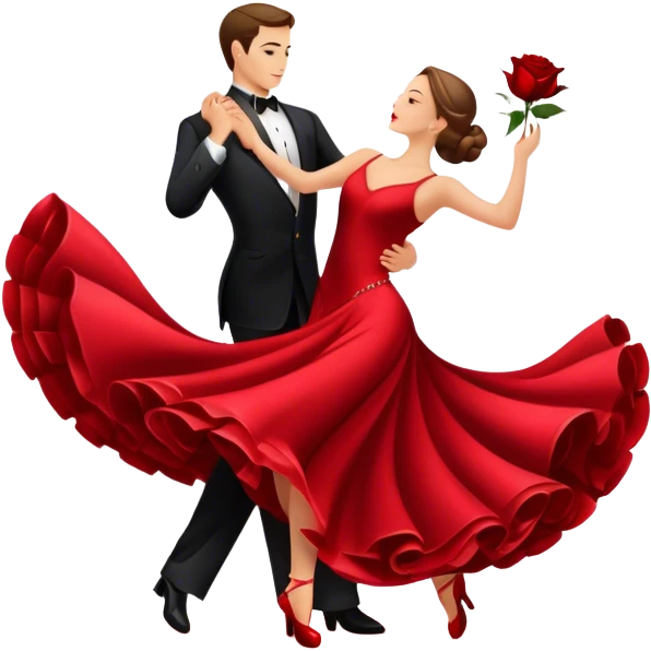 humanless Icon for Ballroom Dancing: a pair of ballroom dance shoes, a rose, a dance floor, a flowing, voluminous ballroom dress in motion, and a shining spotlight. The icon should represent the elegance and atmosphere of ballroom dancing, focusing on the attire and setting. Transparent background. emoji