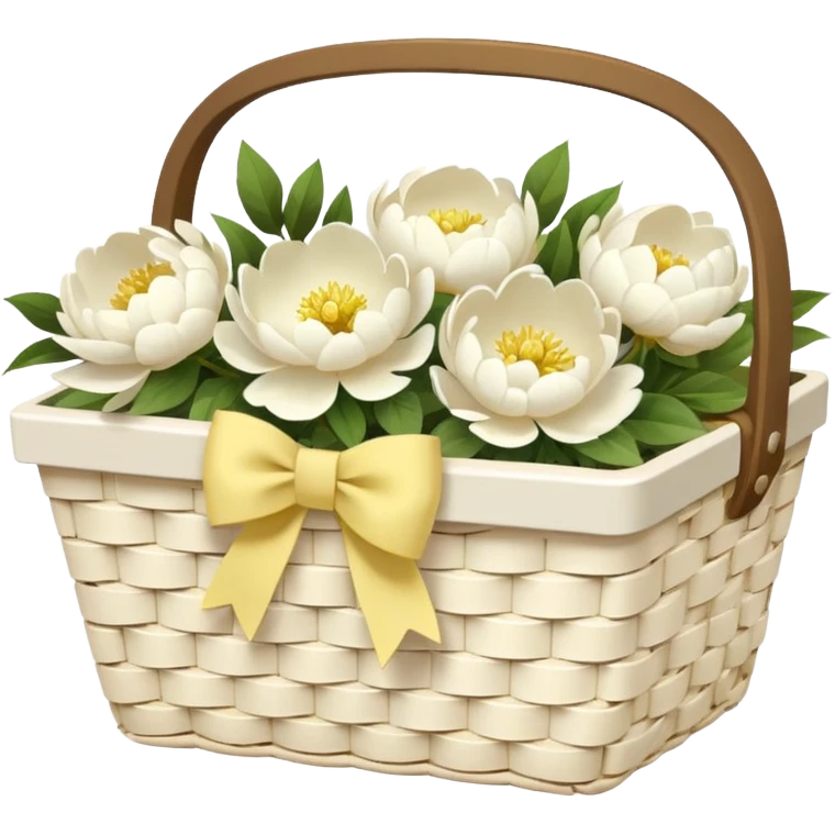 White Picnic basket with pastel yellow bow and white peonies inside emoji