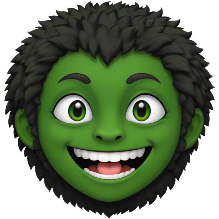 A bald person with green sclera and green teeth, grinning widely. Has fluffy black neck fur, with a fluffy black body emoji