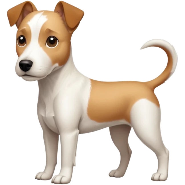 a full body facing front on of a buff white parson russell terrier looking dog the size of a kelpie with light brown long ears resting on its face and a light brown patch above one eye and a large snout. the rest of the dog is completely white.  emoji