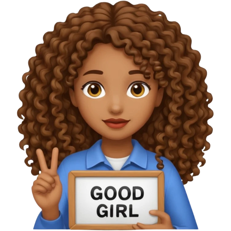 A girl with medium brown skin and long curly holding a sign saying good girl emoji