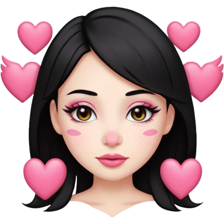 “Emoji girl, pastel pink streaks in black hair hair, bold winged eyeliner, heavy blush on cheeks and nose bridge, under-eye hearts, glossy pink lips, playful smirk.” emoji