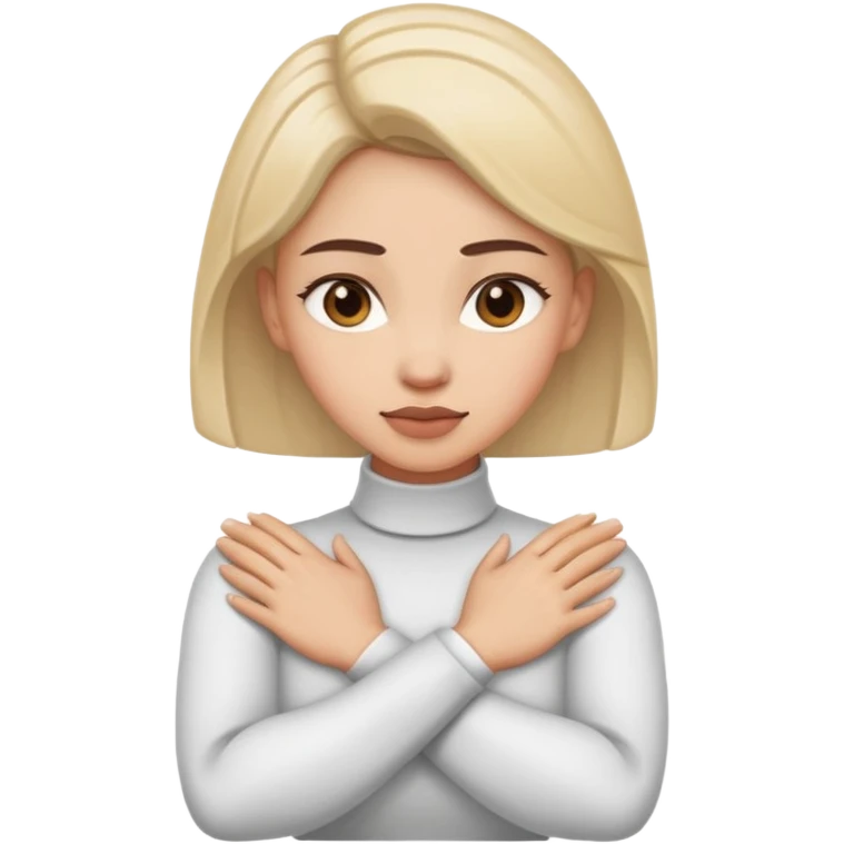 A woman who has arms cross crossed with hands on neck emoji