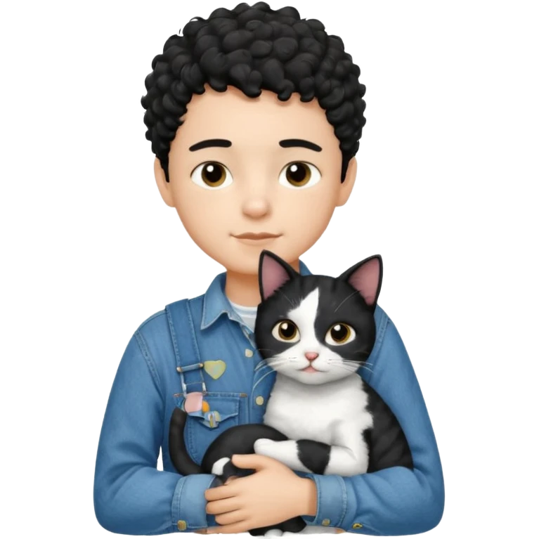 Apple emoji of a 13 year old boy with short black curly hair and dark brown eyes of light skin with denim shirt and overalls hugging a black and white cat emoji