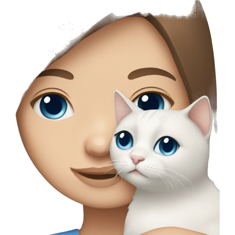 Brown straight hair and eyes girl cuddling White cat with bleu eyes emoji