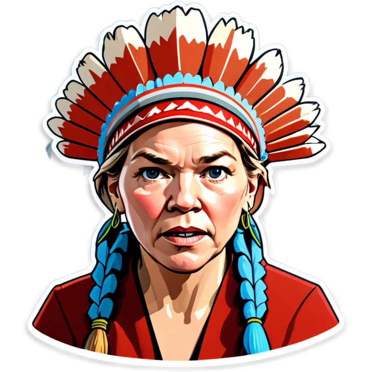 Make a picture of Senator Elizabeth Warren with a traditional Native American headdress make it realistically cartoonish without the braids really accentuate  her wrinkles make her hair blonder and get rid of the headdress besides make her look extremely afraid emoji