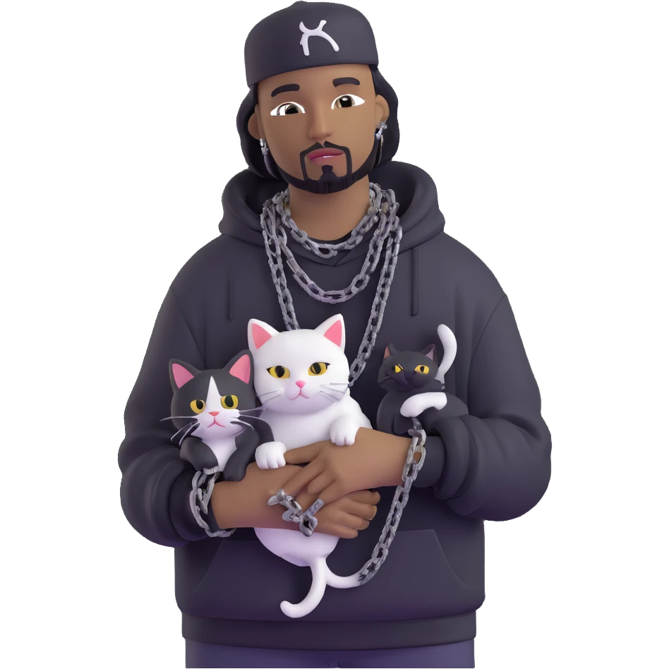 rapper with chains holding a black and white cat emoji