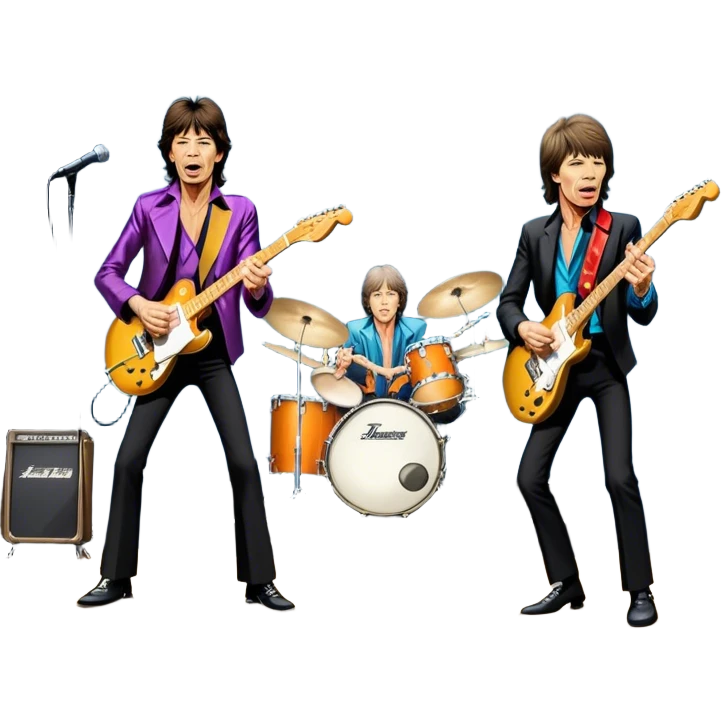 Icon for Rock Music: The Rolling Stones live on stage with Mick Jagger performing vocals, Keith Richards playing guitar, and Charlie Watts on drums. Iconic stage lights, electric guitars, and energetic crowd. Transparent background. emoji