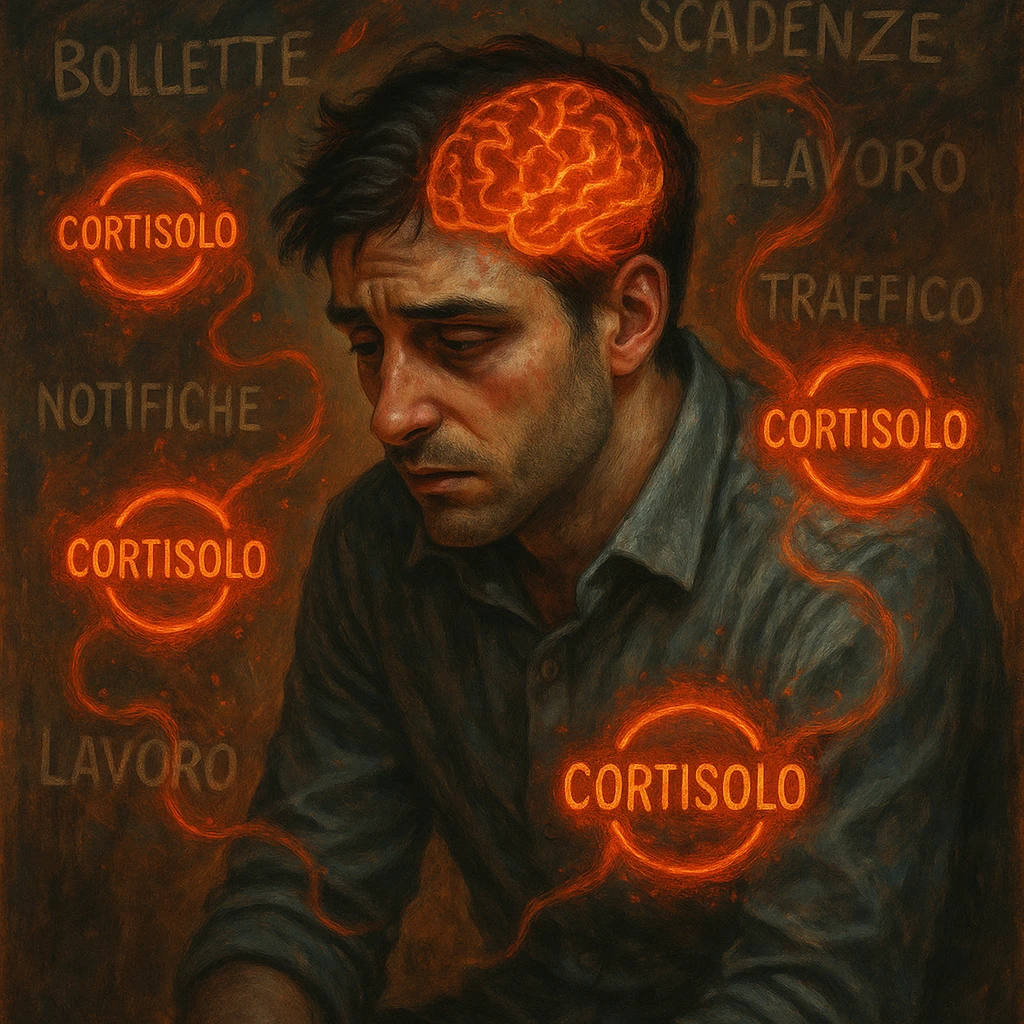 semi-realistic, symbolic surrealism; man around 30 years old, visible chronic stress (tired eyes, tense, curved), floating symbols 'Cortisolo' in Italian, orange-red aura; chaotic and blurred background with Italian words: 'bollette', 'scadenze', 'lavoro', 'traffico', 'notifiche'; visible brain with red-orange neural activity, stressed expression, moody lighting emoji