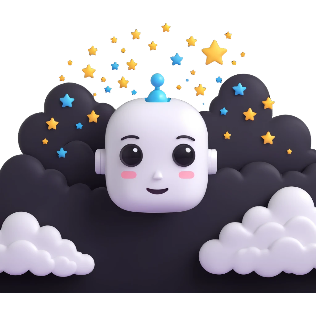 minimalist 3D cartoon-style icon of a peaceful, dreaming robot head with eyes closed, gentle smile, soft features, stylized clouds and stars around the head, simple clean lines emoji