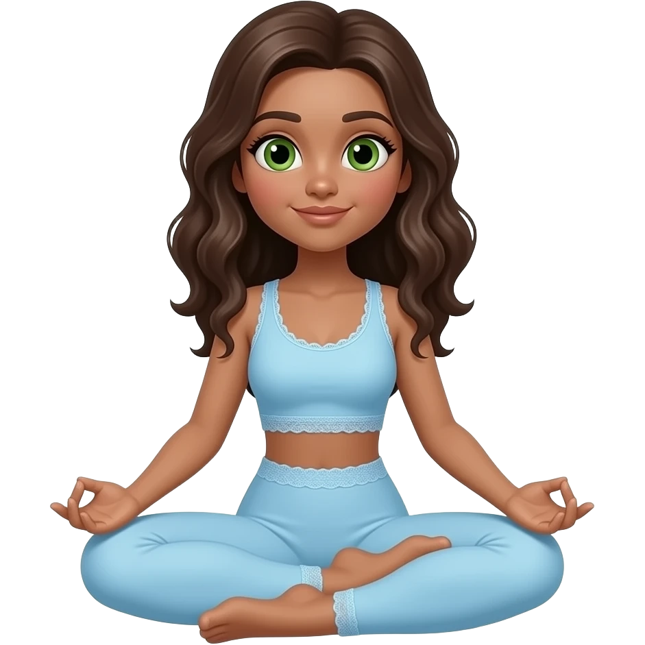 hourglass body brunette with olive skin tone, green olive shaped eyes in tree pose wearing pastel blue active set that has pretty lace trims emoji