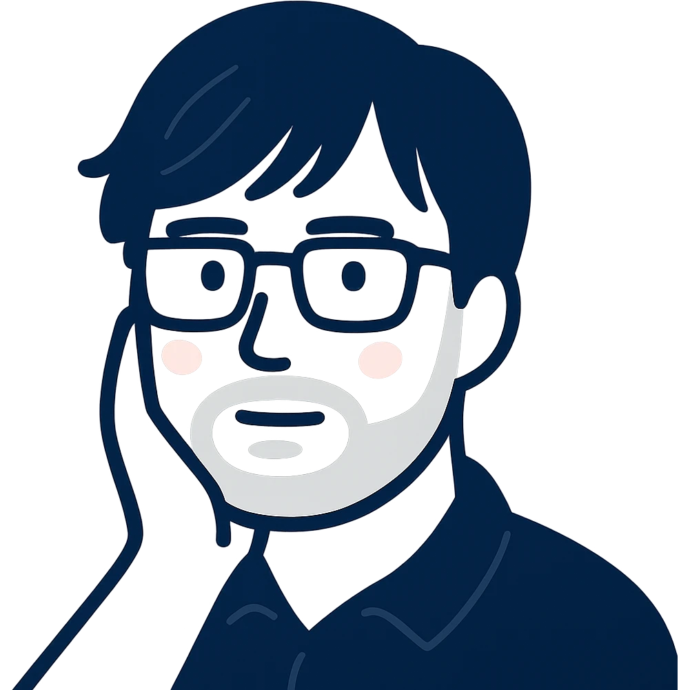 A thoughtful man with rectangular glasses, fashionably tousled longer hair with trendy bangs that frame the face nicely, a naturally round face, and a slightly wider nose. Use dark blue for all main features and line work, minimal pink highlights only on the cheeks, and light gray tones only for the neat short beard and subtle shadows. emoji