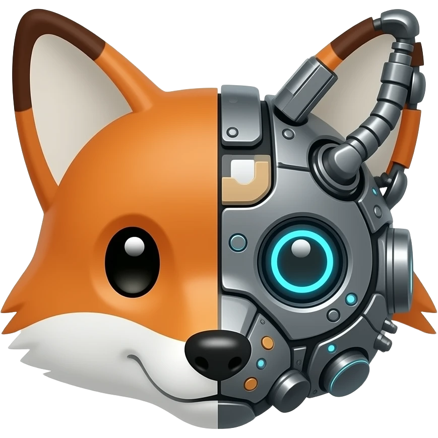 A fox robot only showing his head and half face cyborg emoji