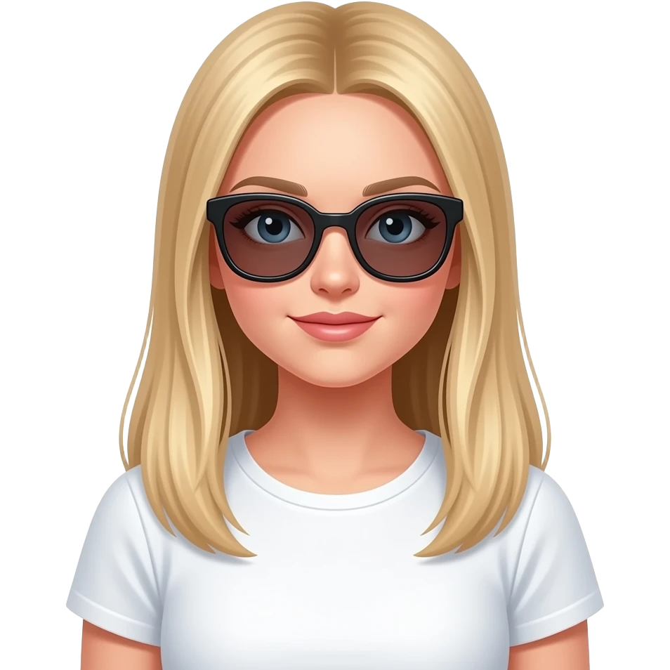 bella ragazza russa bionda capelli lisci lunghi e occhi chiari, con maglietta bianca. stilosa con occhiali da sole emoji