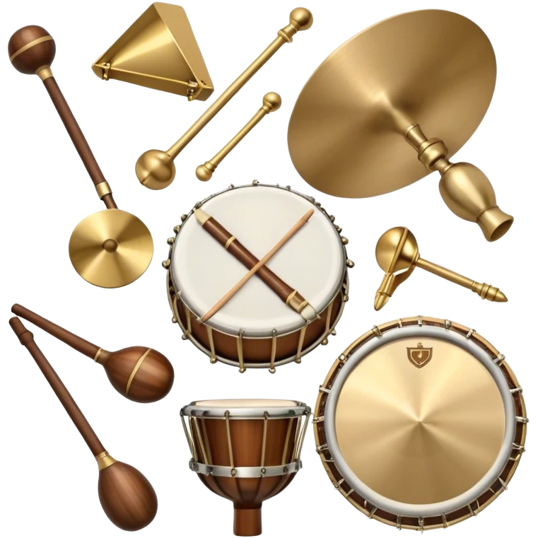 Create a heraldic, festive, and professional emblem-like emoji representing percussion instruments. The design should resemble a traditional crest, featuring a range of percussion instruments like cymbals, triangle, tambourine, maracas, timpani, and other traditional and folk percussion instruments. Arrange them symmetrically, with elements like cymbals crossing each other, a triangle at the center, and timpani or drums flanking the sides. The instruments should be depicted with metallic and wooden tones—shiny brass for cymbals, silver for the triangle, and rich wood or polished bronze for drums. Include ornate details like engraved patterns on the instruments, decorative swirls or laurels, and subtle accents to add elegance and festivity to the composition. The overall design should be cohesive, balanced, and visually striking, suitable for use as a prestigious emblem. The background should be transparent. emoji