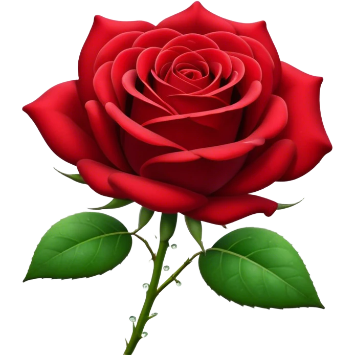 Cinematic Realistic Rose Emoji, Elegant and full of grace, with velvety, deep red petals unfurling in a perfect bloom, dew drops glistening on the soft edges, and a faint fragrance hanging in the air. The lush green leaves surround the stem, creating a vibrant contrast to the rich color of the petals. Soft glowing outline, capturing the essence of timeless beauty and romance in a single bloom. emoji