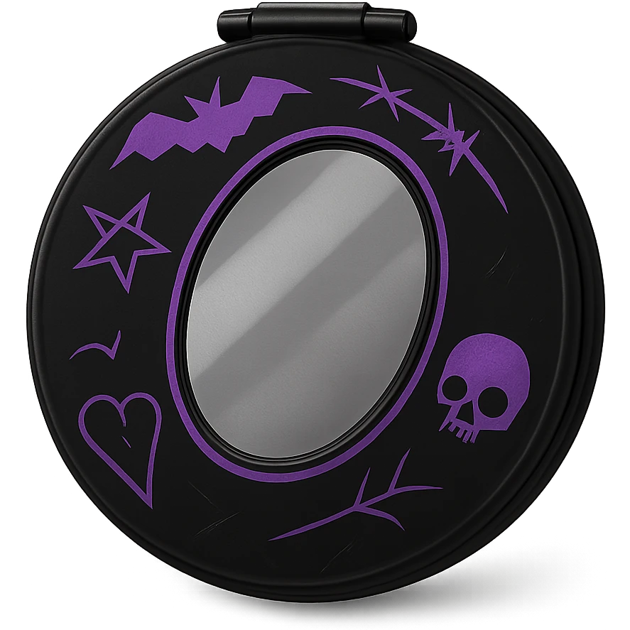 emo style black and purple compact mirror, no background emoji