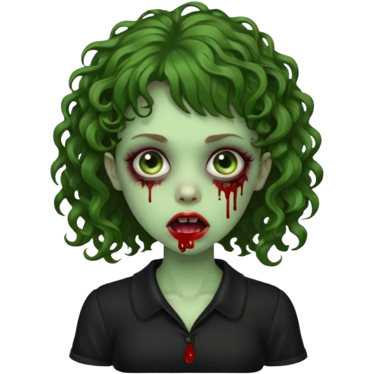 Green zombie emoji girl with curly Brown hair, with curly bangs, wearing a black bluse, blood Just in the tongue emoji