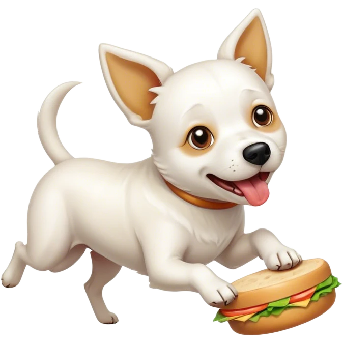 white dog running with a round sandwich in its mouth emoji