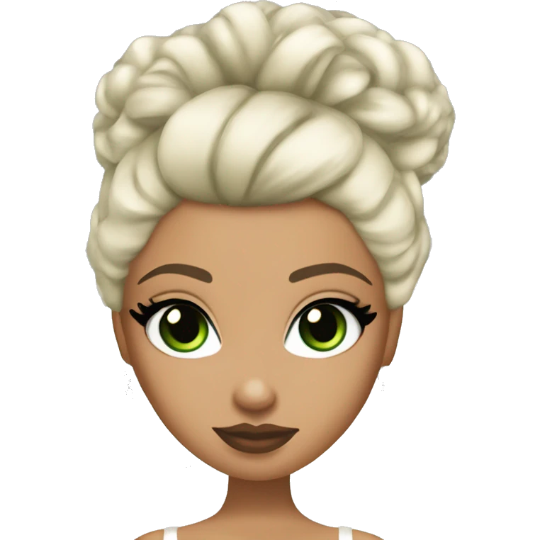 Bratz, bride, black updo hair, olive skin, green almond cat eyes emoji