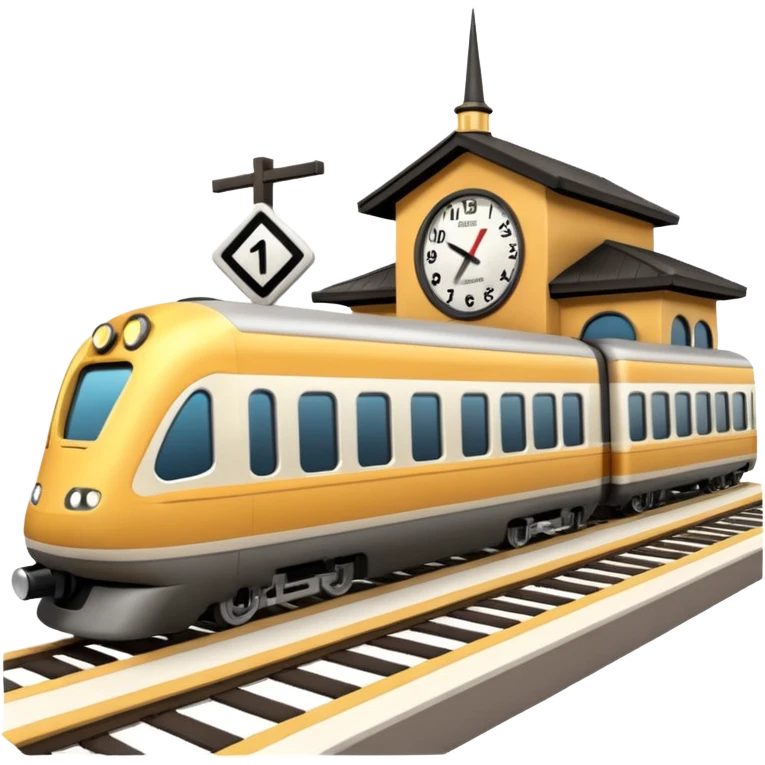 A 3D cartoon train terminal with tracks, platform signs, and an arriving train, Memoji-style realism. emoji